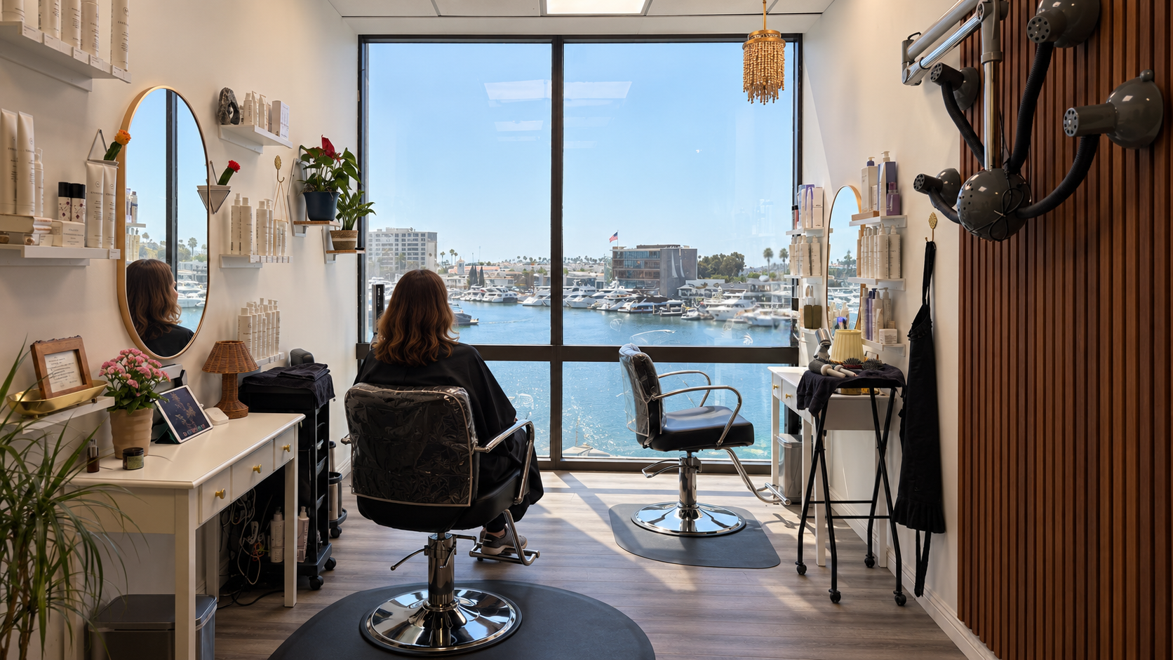 A Rafa Organics salon station overlooking Newport Harbor