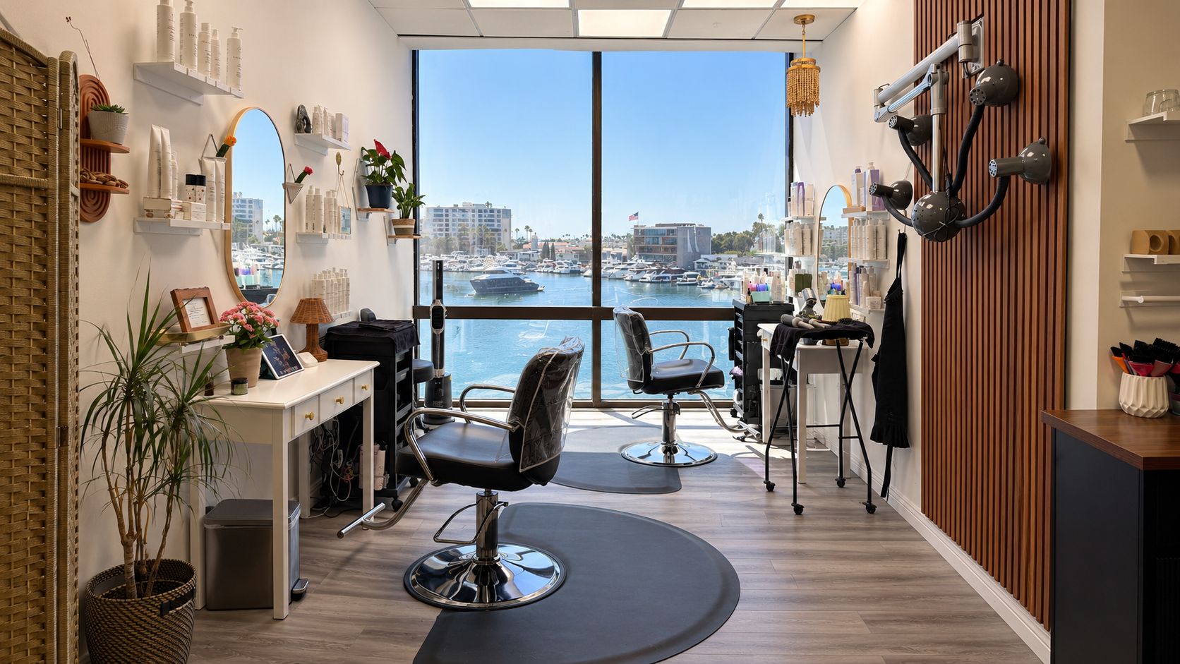 Empty Rafa Organics salon with two styling stations overlooking Newport Harbor